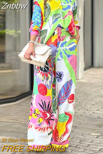 Znbbw Long Sleeve Printed Shirt 2 Piece Set Women Elegant Lapel Single-breated Top Suits Female Fashion Wide Leg Pants Outfits